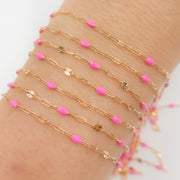 V295PKGF. 14K Gold Filled Pink Color Enamel with Paperclip and Diamond Cut Marina Links
